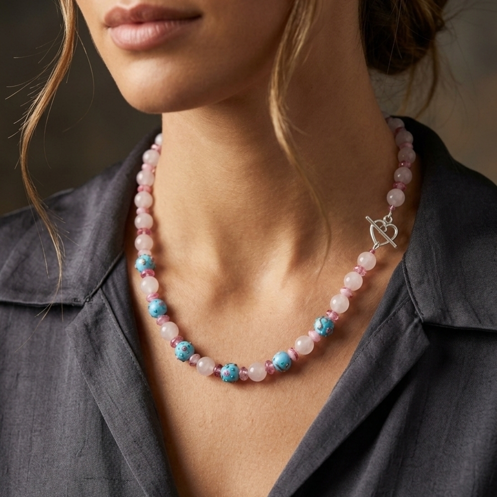 Rose Quartz and Turquoise Beaded Necklace with Silver Toggle